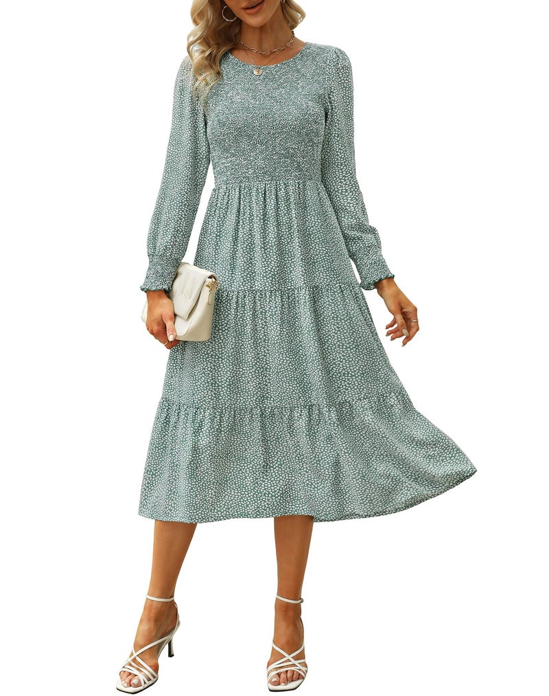 Zattcas Long Sleeve Spring Fall Dresses for Women 2026 Casual Flowy Work Church Modest Boho Floral Midi Dress Semi Formal Winter Wedding Guest Dresses Green XL - Image 1