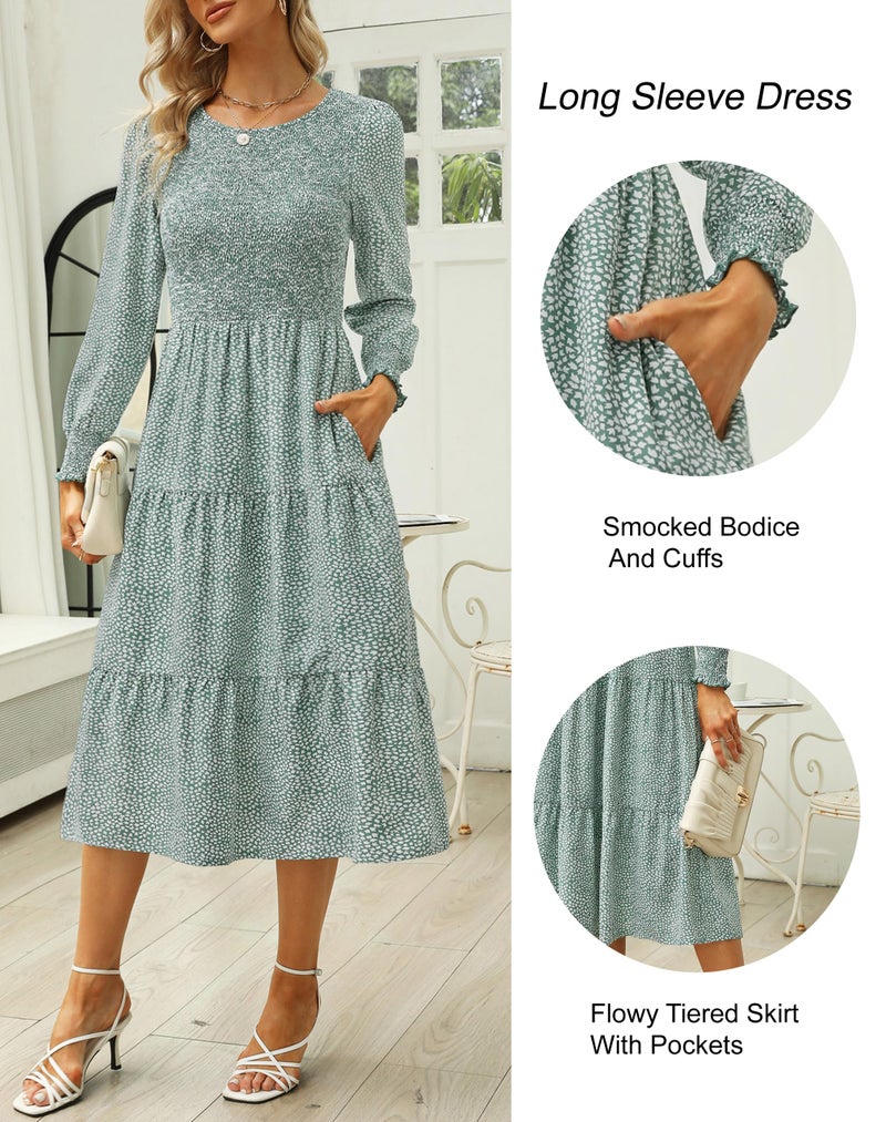 Zattcas Long Sleeve Spring Fall Dresses for Women 2026 Casual Flowy Work Church Modest Boho Floral Midi Dress Semi Formal Winter Wedding Guest Dresses Green XL - Image 4
