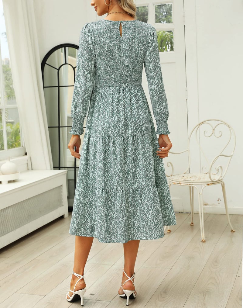 Zattcas Long Sleeve Spring Fall Dresses for Women 2026 Casual Flowy Work Church Modest Boho Floral Midi Dress Semi Formal Winter Wedding Guest Dresses Green XL - Image 3