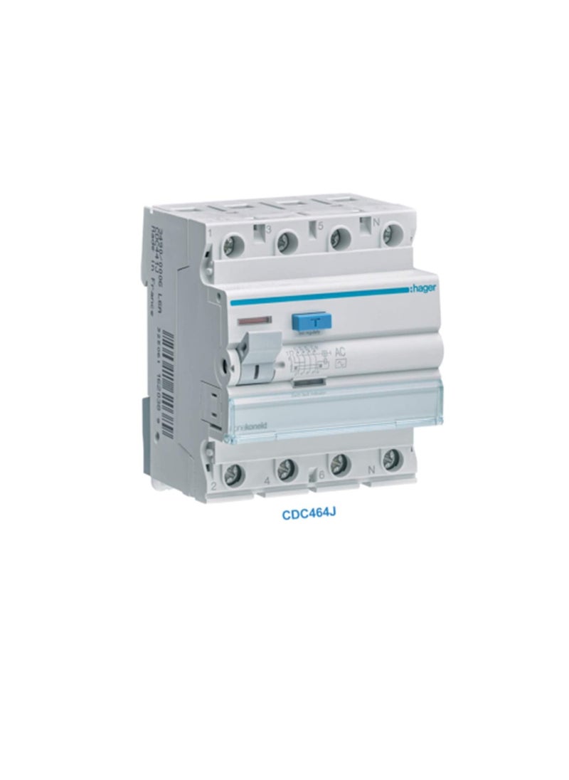 Hager Hager Earth Leakage Circuit Breaker - 63A 4 Pole 30MA (ELCB/RCCB) CDC464J  - Image 1