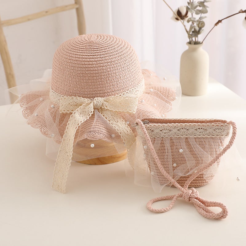 23 Baby Girls Sunshade Hat Summer Thin Girls Sunscreen Hat Sun Hat Beach Princess Childrens Straw HatD-576 Pearl Pink D-576 Pearl Pink