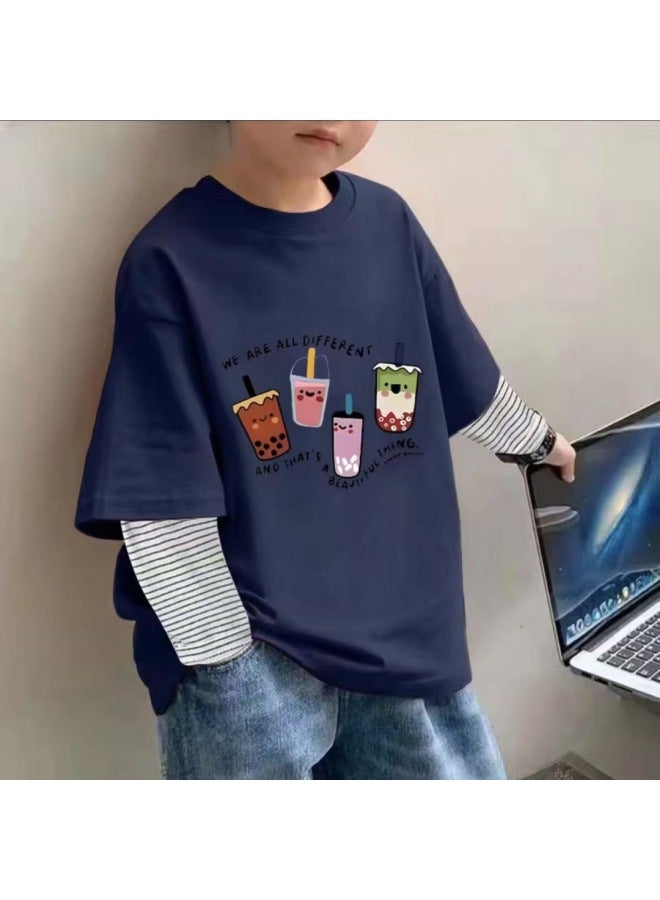 Boys And Girls Long Sleeve T-shirt Autumn New Collection Mid-size Kids Striped Fake Two-piece Body Sleeve Children's Pure Cotton Base Layer