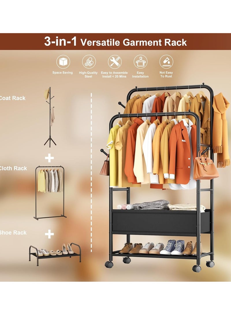 ULHYC Clothes organizer and Holder, Coat Rack Metal,Clothing Rack with Storage Bag, 3-in-1 Garment Rack, Non-woven Shelves for Shoes, Clothes Rack for Bedroom, Hallway, Entryway, Black  - Image 2