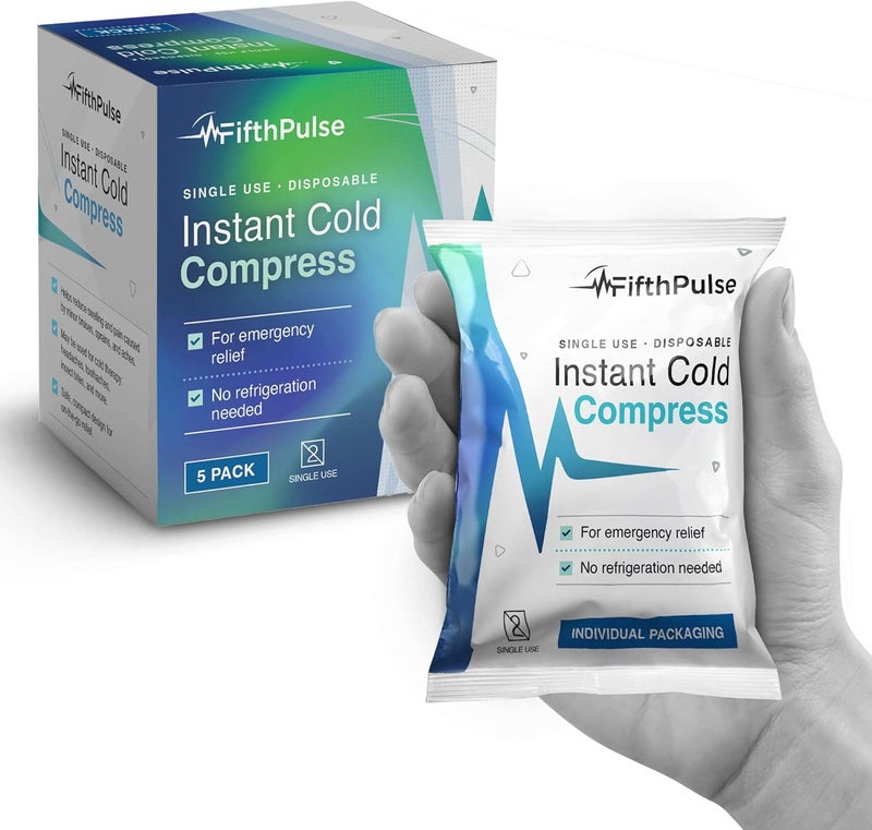FifthPulse أكياس ثلج فورية قابلة للتصرف 5 عبوات 5 × 6 كمادات باردة للإصابات والتورم وتخفيف الألم والوجع لا تحتاج إلى تبريد أو تجميد مجموعة الإسعافات الأولية أكياس باردة للطوارئ - Image 1
