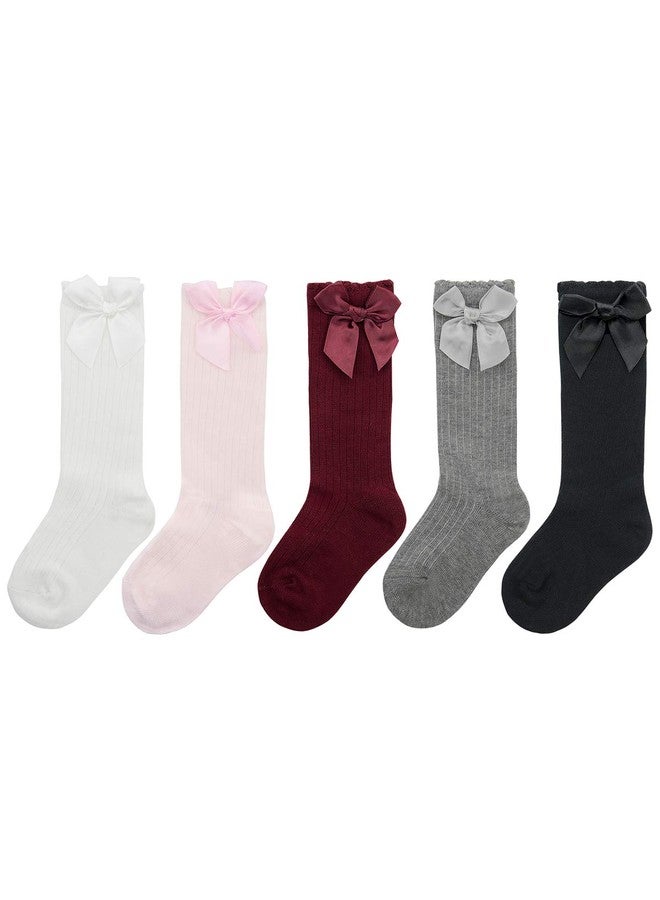 Azue Baby Girl Knee High Socks Newborn Infant Cotton Cable Knit Stockings Unisex Baby Long Socks Toddler Sock Tights 5 Pairs Candy Bow 0-12 Months - Image 1