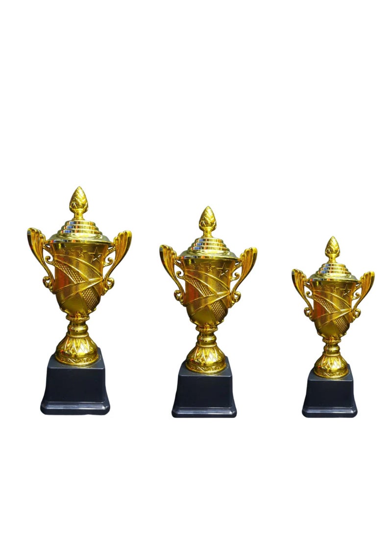 سبال مجموعة من 3 جوائز ذهبية بمقاس 26/23/21 سم مع قاعدة بلاستيكية سوداء | جوائز مميزة 216A - Image 1
