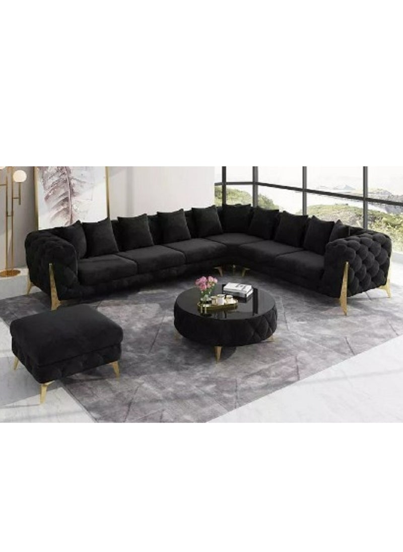 Ripple FURNITURE Luxury Traditional Velvet L Shape Chesterfield Sofa Set, Living Room Furniture With Golden Legs 6 Seater Black 320X90X88  - Image 1