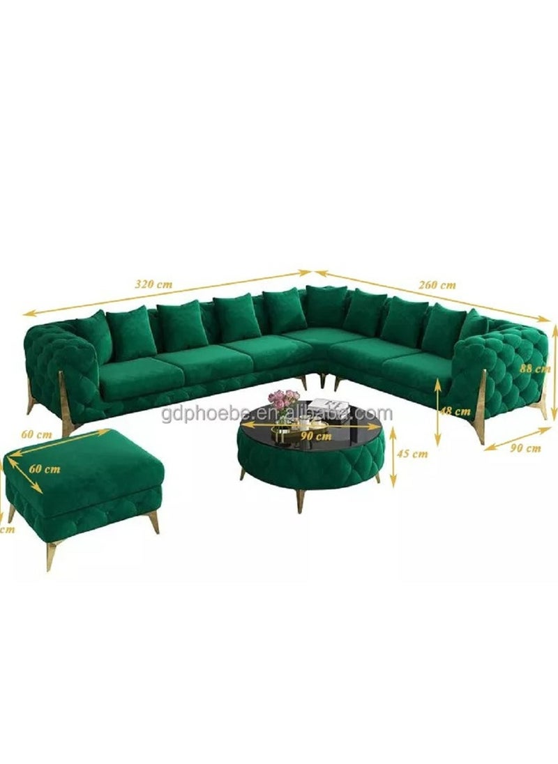 Ripple FURNITURE Luxury Traditional Velvet L Shape Chesterfield Sofa Set, Living Room Furniture With Golden Legs 6 Seater Black 320X90X88  - Image 2