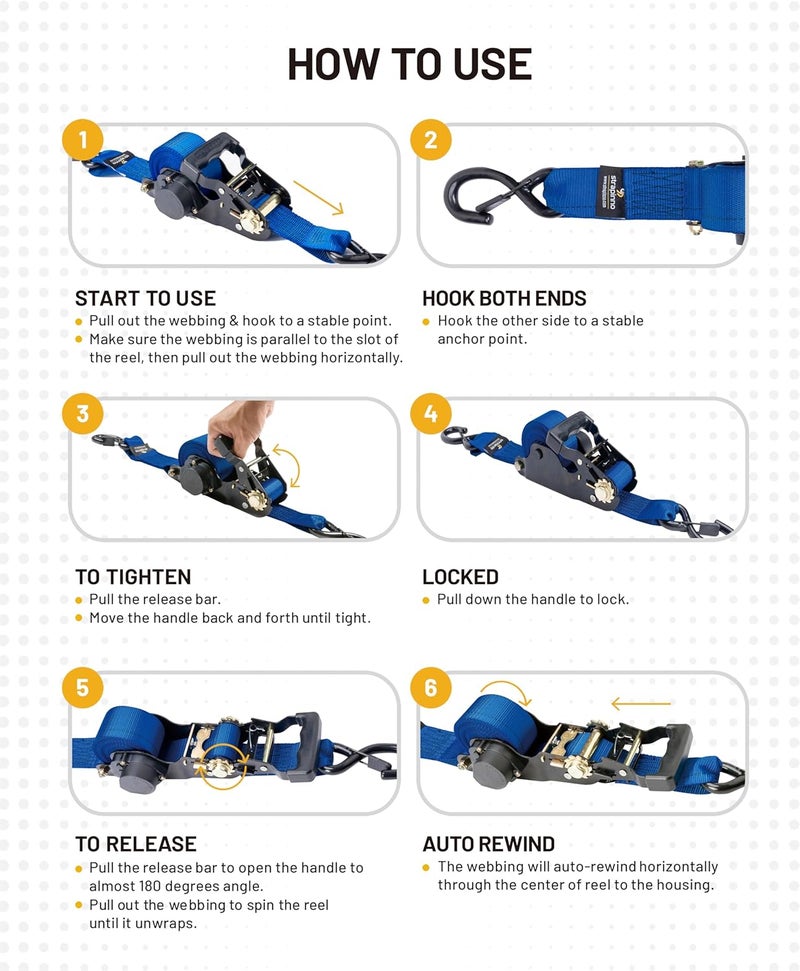 Strapinno 2PCs Retractable Ratchet Tie-Down Straps - 5,000 lbs Breaking Strength, 2 in x 12 ft Heavy Duty with Safety Lock S Hooks - Image 4