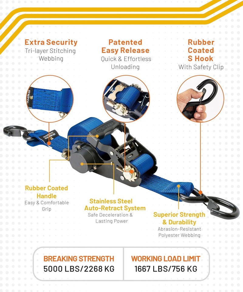 Strapinno 2PCs Retractable Ratchet Tie-Down Straps - 5,000 lbs Breaking Strength, 2 in x 12 ft Heavy Duty with Safety Lock S Hooks - Image 2