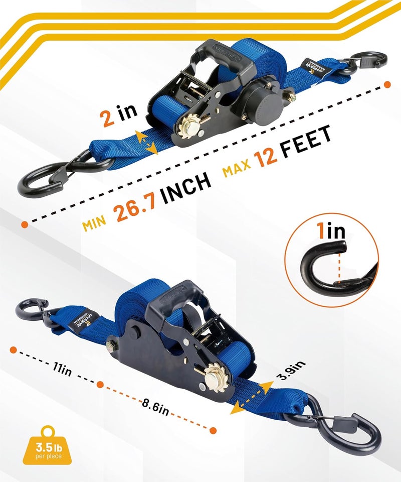 Strapinno 2PCs Retractable Ratchet Tie-Down Straps - 5,000 lbs Breaking Strength, 2 in x 12 ft Heavy Duty with Safety Lock S Hooks - Image 3