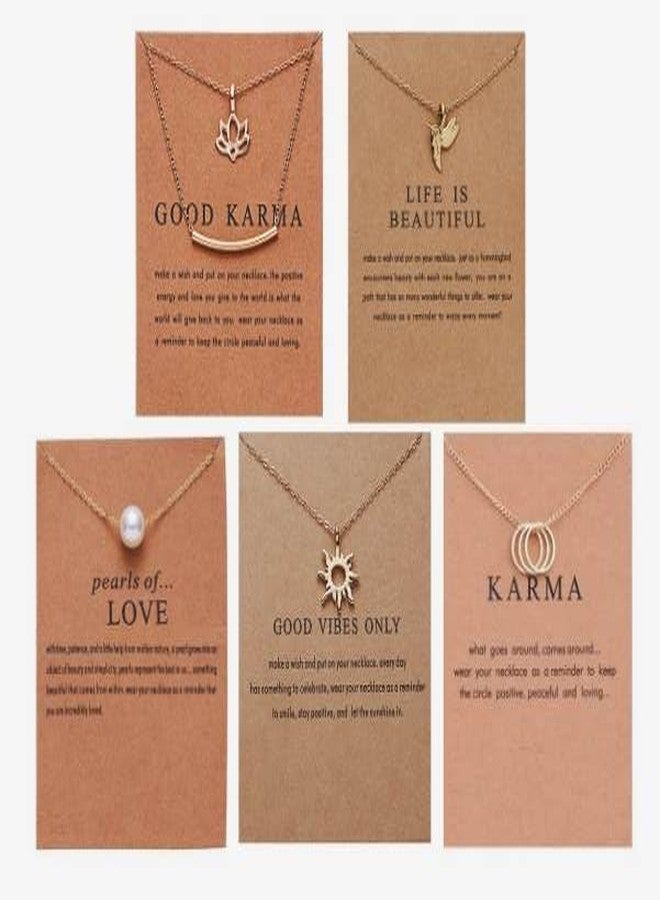 Pinapes Pearl, Karma & Good Vibes Pendant Necklace Set for Women and Girls - 5 Piece Inspirational Gift Combo - Image 1