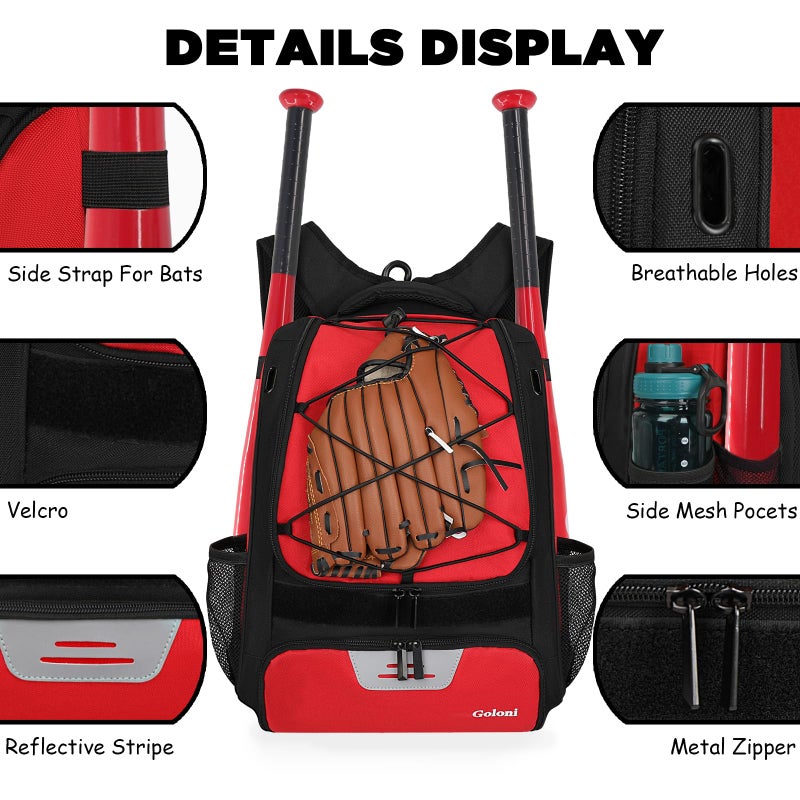 Goloni Baseball Bag,Backpack for Baseball, T-Ball & Softball Equipment & Gear,Softball Bag with Shoe Compartment,Fence Hook - Image 2