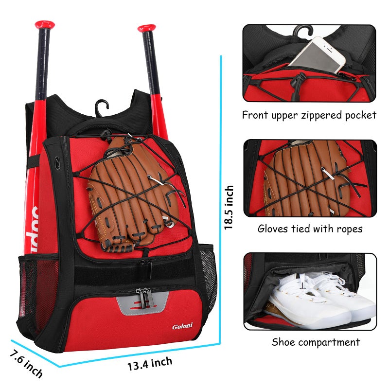 Goloni Baseball Bag,Backpack for Baseball, T-Ball & Softball Equipment & Gear,Softball Bag with Shoe Compartment,Fence Hook - Image 3