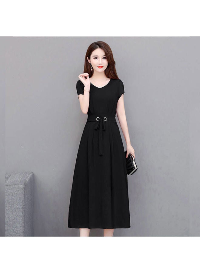 Black Short Sleeve Mid-length Knee-long,Summer Belted Slimming Fashion Versatile A-line Dress