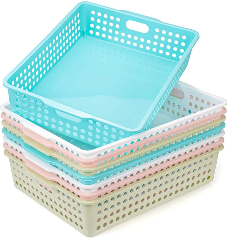 Lawei 8 Pack Plastic Storage Baskets  Colorful Paper Organizer Baskets Plastic Shelf Bins with Handles Classroom Office File Holder for Home Office School