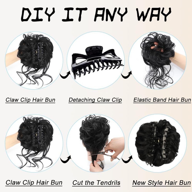 ChicAbode Messy Bun Hair Piece, Claw Clip Curly Wavy Faux Hair Bun, Tousled Updo Hair Extensions Scrunchie Long Beard Chignon Buns Hair Pieces for Women (Black) - Image 5