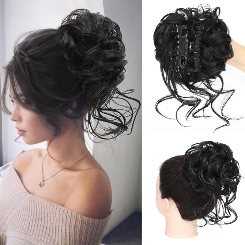 ChicAbode Messy Bun Hair Piece, Claw Clip Curly Wavy Faux Hair Bun, Tousled Updo Hair Extensions Scrunchie Long Beard Chignon Buns Hair Pieces for Women (Black) - Image 1