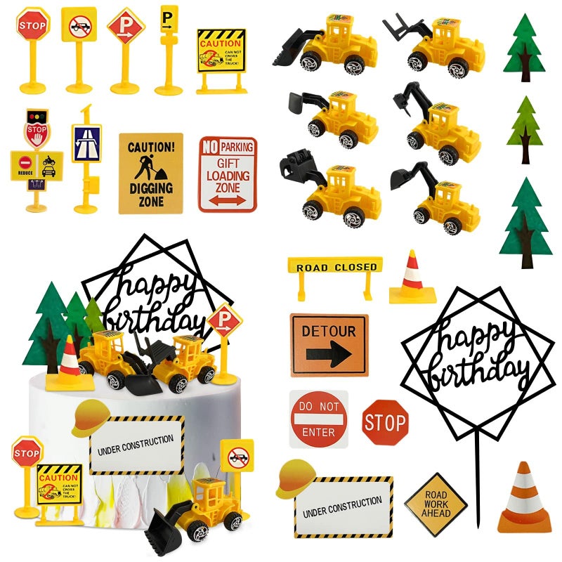 LEFUBABY 27 PCS Mini Construction Vehicles Cake Decoration Set Truck Road Sign Cake Toppers Construction Birthday Party Supplies - Image 3