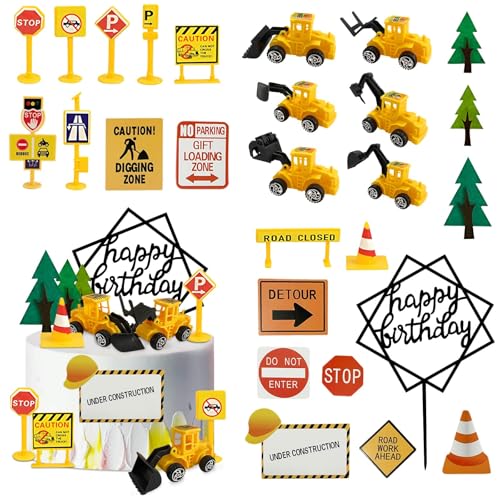 LEFUBABY 27 PCS Mini Construction Vehicles Cake Decoration Set Truck Road Sign Cake Toppers Construction Birthday Party Supplies - Image 1