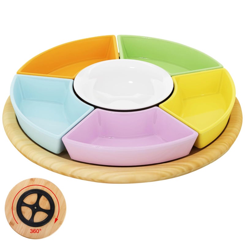 Eorbow Lazy Susan Serving Dishes, 11'' Rotatable Divided Appetizer Tray, Ceramic Serveware with Bamboo Platter, 6 - Image 1