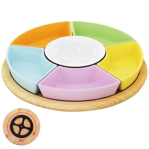 Eorbow Lazy Susan Serving Dishes, 11'' Rotatable Divided Appetizer Tray, Ceramic Serveware with Bamboo Platter, 6 - Image 2