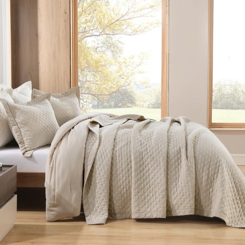 Grassix 100 Linen Front100 Cotton Back Quilt Set King Size PreWashed Lightweight Diamond Stitch Bedspread Coverlet Bedding Set for All Season 3 Pieces Nature Linen