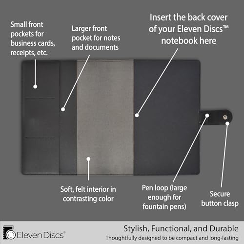 Eleven Discs™ Premium Faux Leather Discbound Notebook Folio Cover with Multiple Pockets and Secure Button Clasp - Notebook Not Included (Junior Size, Black) - Image 2