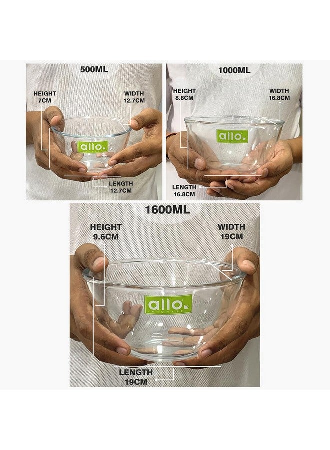 Allo Allo Food Safe Borosilicate Glass Mixing & Serving Bowls for Kitchen, Oven & Microwave Safe Bowls, Dishwasher and Freezer Safe Bowls, Set of 3 500ML, 1000ML, 1600ML, Transparent  - Image 5