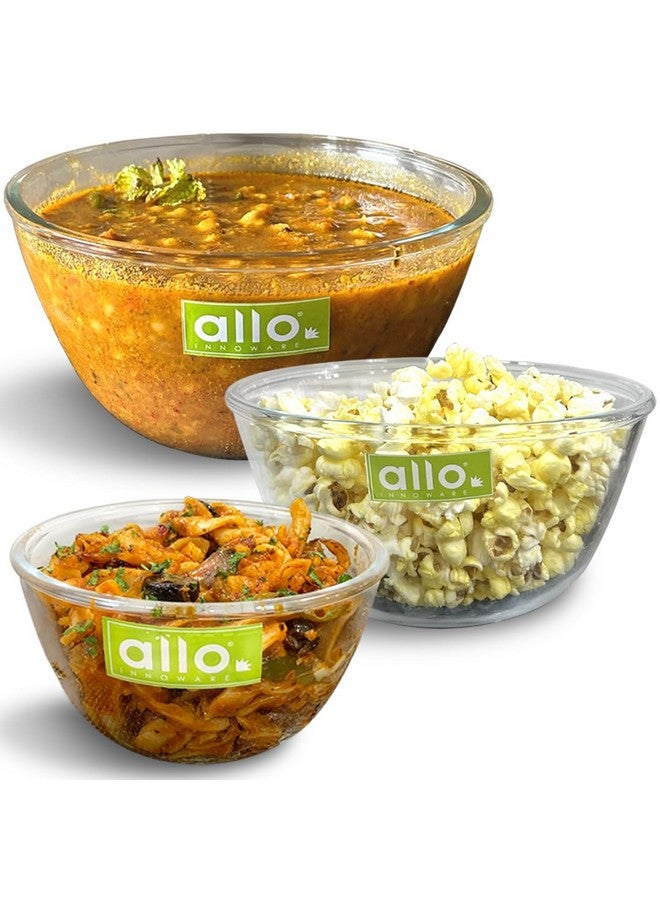 Allo Allo Food Safe Borosilicate Glass Mixing & Serving Bowls for Kitchen, Oven & Microwave Safe Bowls, Dishwasher and Freezer Safe Bowls, Set of 3 500ML, 1000ML, 1600ML, Transparent  - Image 1