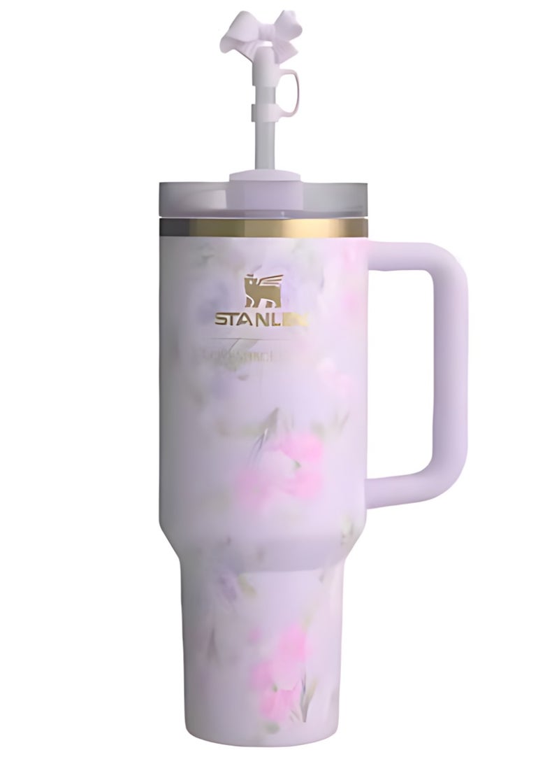 ستانلي لوف شاك فانسي كوينشر H2.0 كوب 40 أونصة - عزل مفرغ حرارياً بغطاء محكم وقشة وسدادة، لون بنفسجي وردي، تغليف هدايا فاخر - Image 1