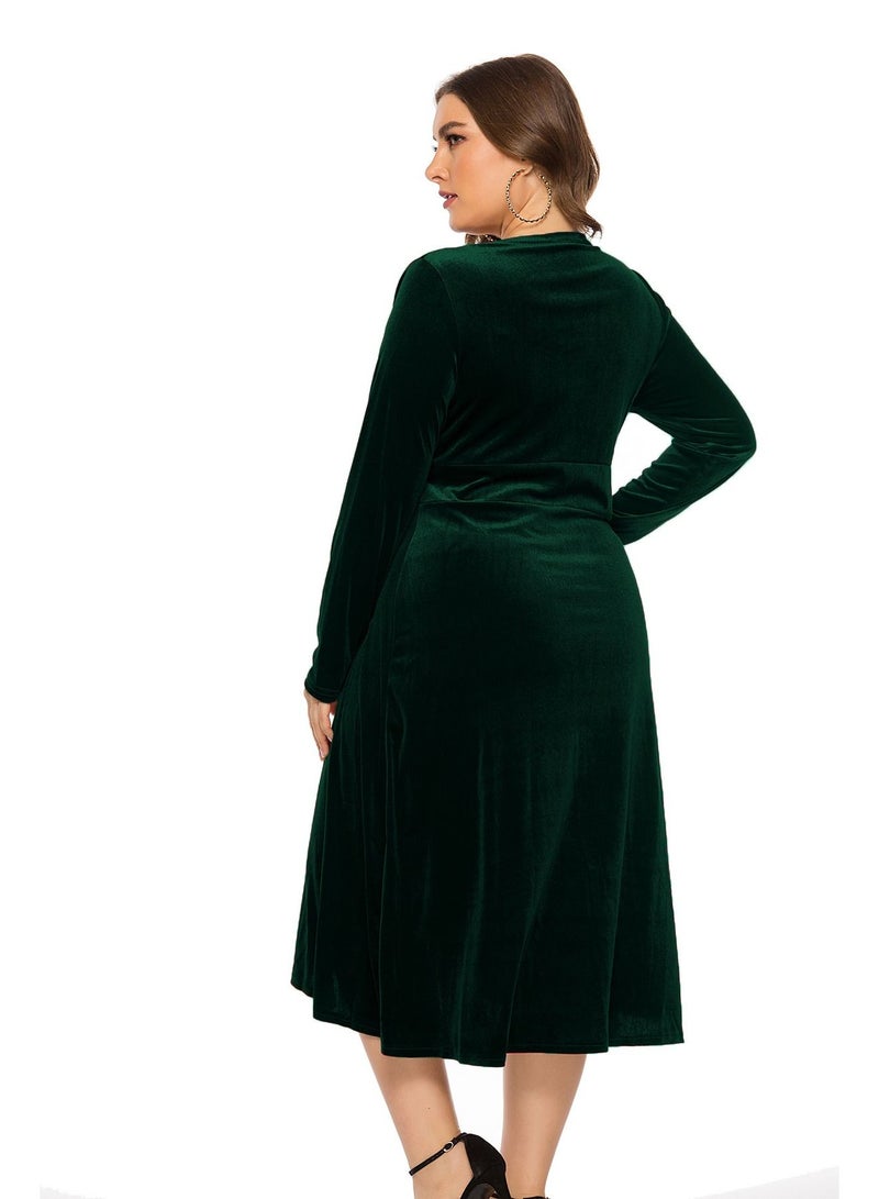 Loquat Plus-size Women's Spring new V-neck Long-sleeved Dress Green - Image 2