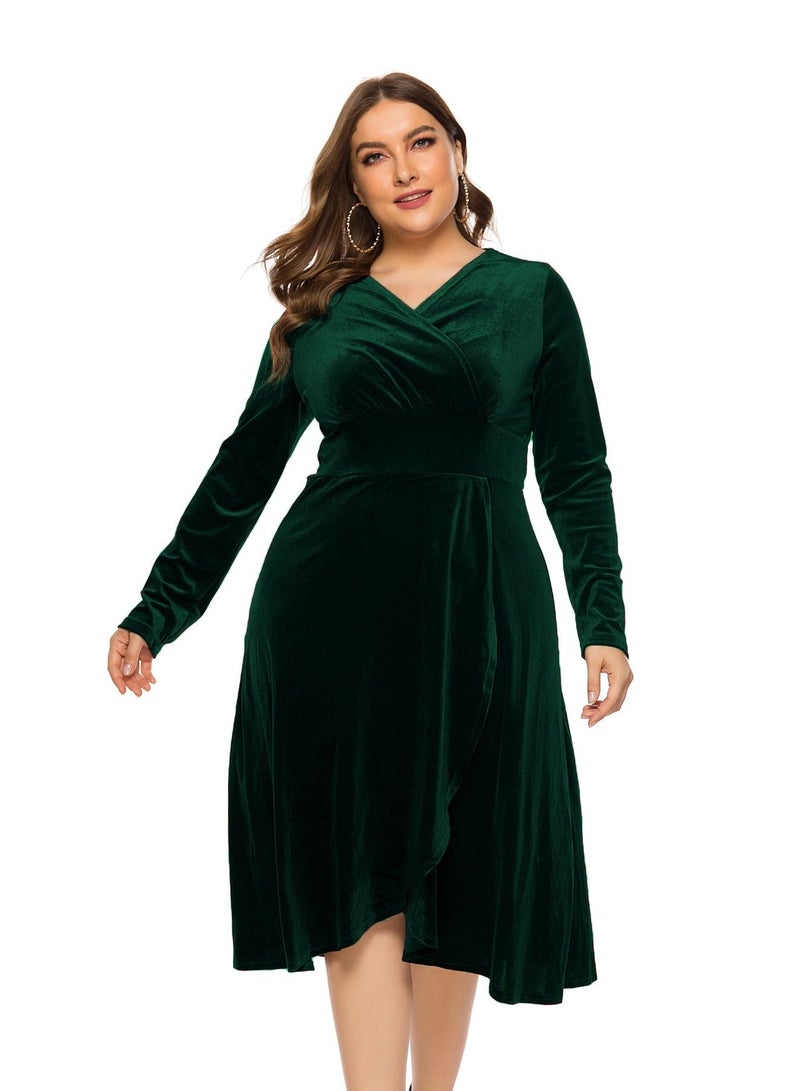 Loquat Plus-size Women's Spring new V-neck Long-sleeved Dress Green - Image 1