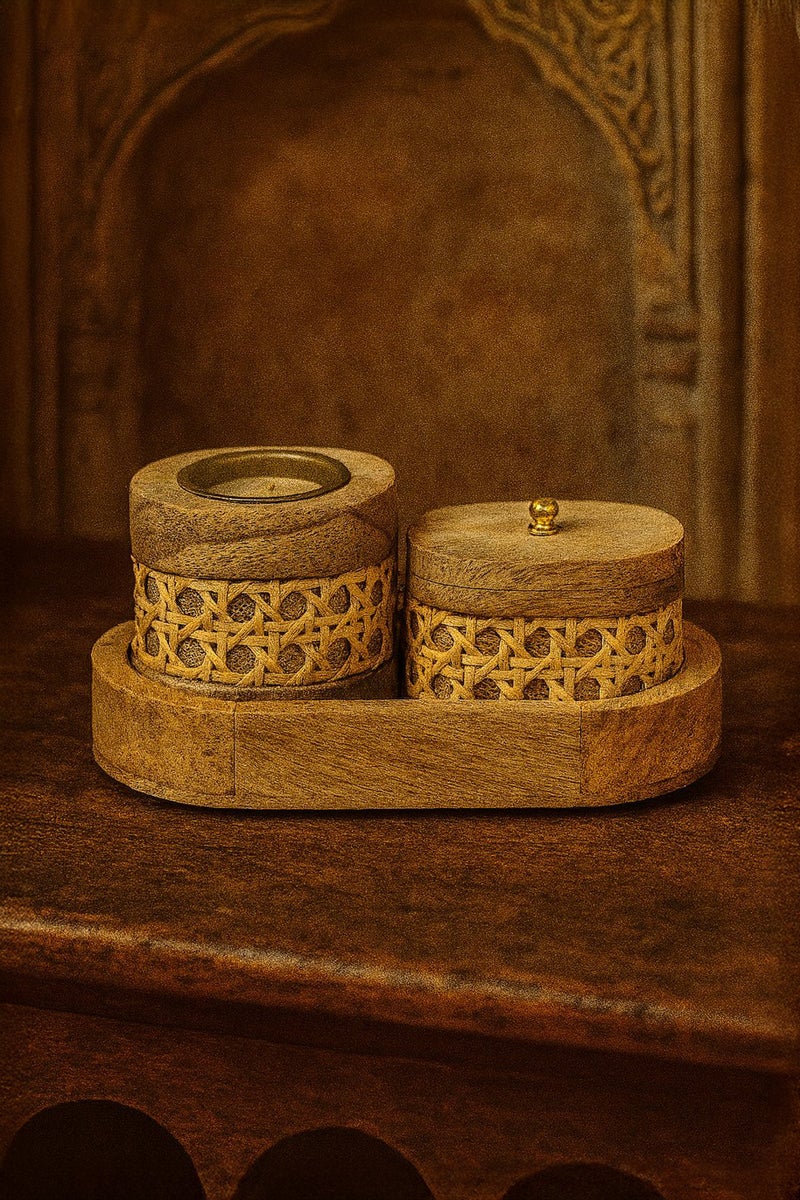 Roman Gifts Three‑Piece Wood & Cane Incense Set – Decorative Tray, Fragrance Pot & Traditional Mabkhara Burner, Artisan Cane‑Woven and Solid Wood Craft - Image 1