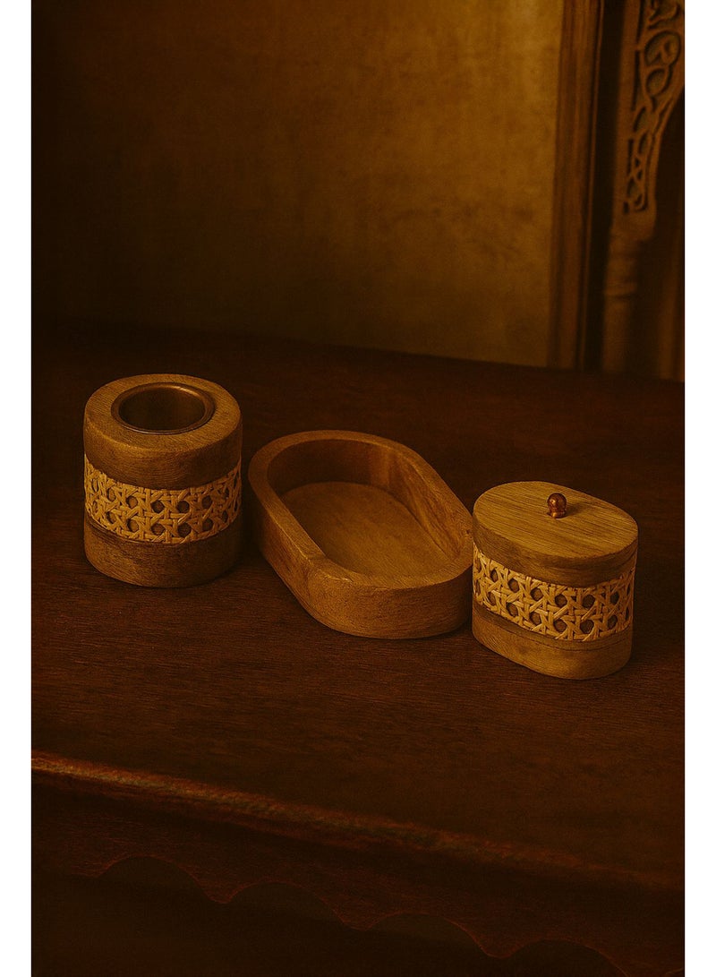 Roman Gifts Three‑Piece Wood & Cane Incense Set – Decorative Tray, Fragrance Pot & Traditional Mabkhara Burner, Artisan Cane‑Woven and Solid Wood Craft - Image 2