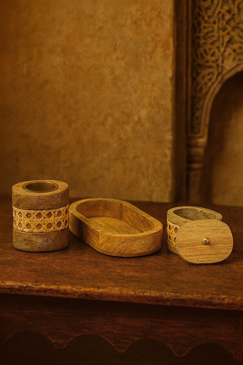 Roman Gifts Three‑Piece Wood & Cane Incense Set – Decorative Tray, Fragrance Pot & Traditional Mabkhara Burner, Artisan Cane‑Woven and Solid Wood Craft - Image 3