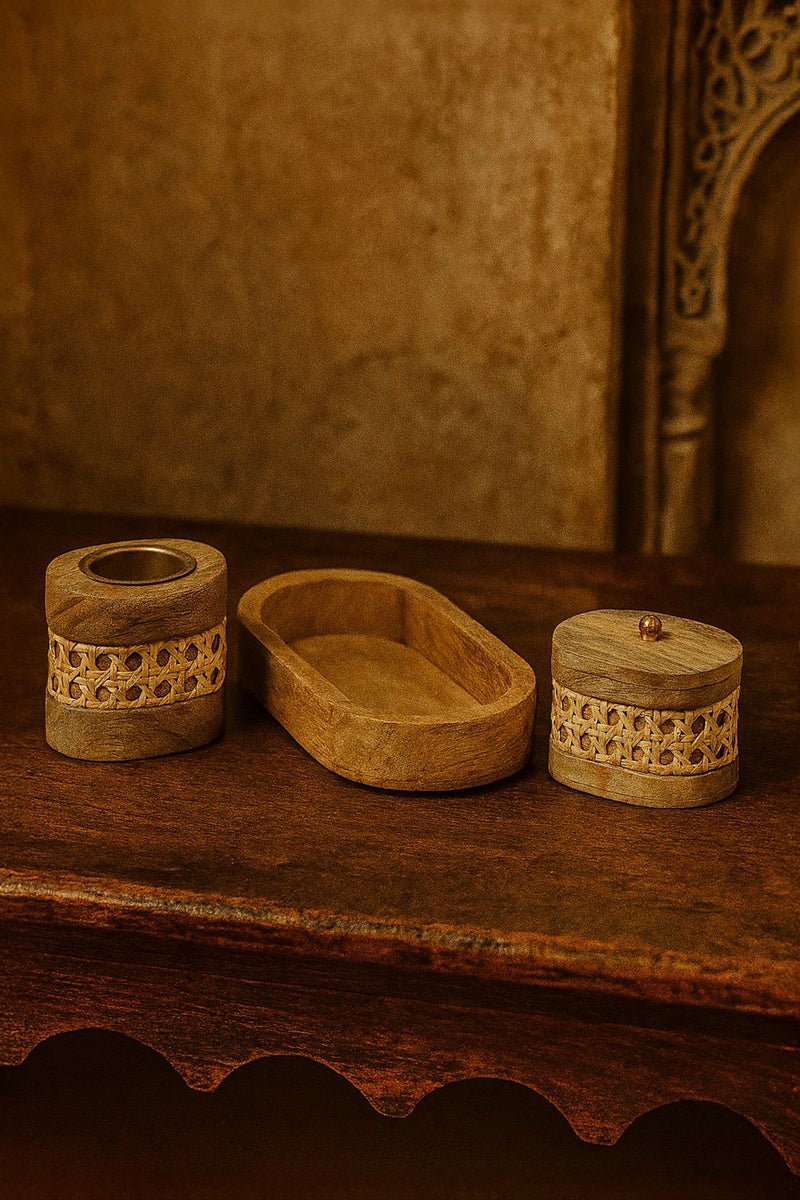 Roman Gifts Three‑Piece Wood & Cane Incense Set – Decorative Tray, Fragrance Pot & Traditional Mabkhara Burner, Artisan Cane‑Woven and Solid Wood Craft - Image 4