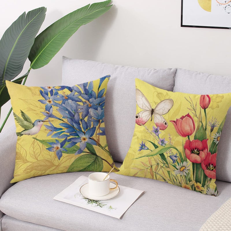 wyooxoo Spring Summer Pillow Covers 18x18 Set of 4 Decorative Throw Pillow Covers Linen Flower Butterfly Farmhouse Pillowcases for Sofa Couch Living Room Outdoor - Image 2