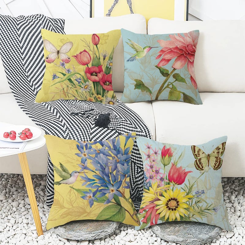 wyooxoo Spring Summer Pillow Covers 18x18 Set of 4 Decorative Throw Pillow Covers Linen Flower Butterfly Farmhouse Pillowcases for Sofa Couch Living Room Outdoor - Image 4