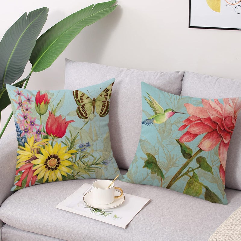wyooxoo Spring Summer Pillow Covers 18x18 Set of 4 Decorative Throw Pillow Covers Linen Flower Butterfly Farmhouse Pillowcases for Sofa Couch Living Room Outdoor - Image 3