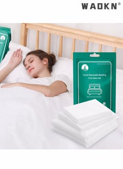WAOKN 4 PCS Disposable Bed Sheets Travel Sheets for Hotel, Disposable Sheets for Bed Travel Bedding Cover Portable Sheet with 1 Quilt Cover, 1 Sheet and 2 Pillowcase for Travel Business Trip Spa Hotel  - Image 1