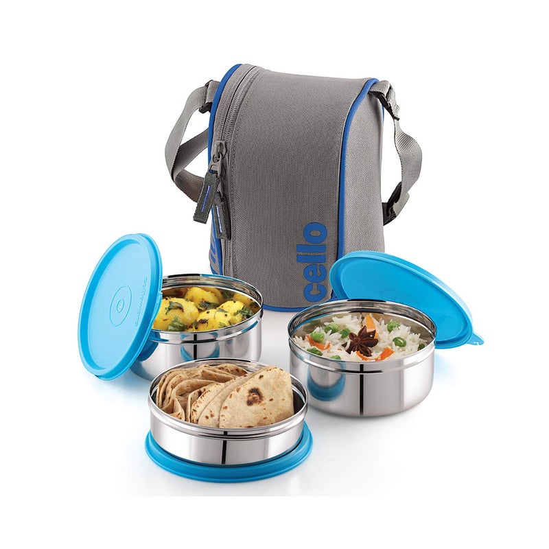Cello CELLO Stainless Steel MF Mate Compact Lunch Box | Leather Carry Poch | Office | School | 3 Unit, Blue  - Image 1