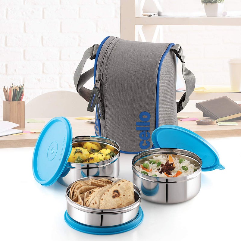 Cello CELLO Stainless Steel MF Mate Compact Lunch Box | Leather Carry Poch | Office | School | 3 Unit, Blue  - Image 2