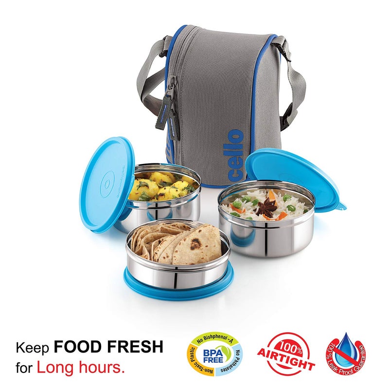 Cello CELLO Stainless Steel MF Mate Compact Lunch Box | Leather Carry Poch | Office | School | 3 Unit, Blue  - Image 3