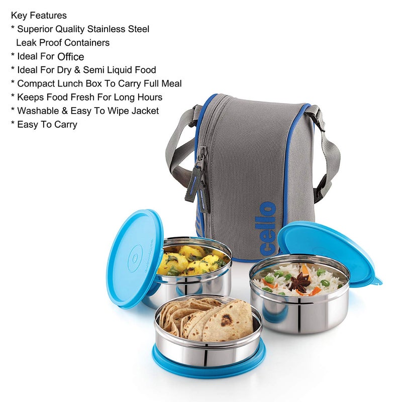 Cello CELLO Stainless Steel MF Mate Compact Lunch Box | Leather Carry Poch | Office | School | 3 Unit, Blue  - Image 4