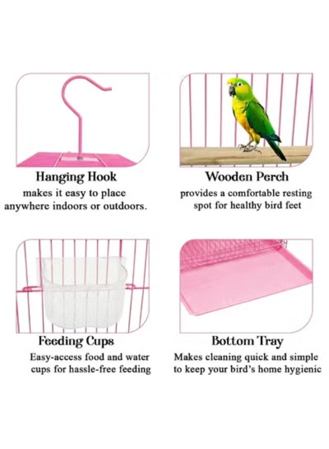 NNC PETS Hanging Bird Cage for Small Parrots, Budgies and Finches, 45 cm Metal Cage with Wooden Perches, Dual feeders, and Easy Clean Bottom Tray, Portable Bird Cage and Indoor-Outdoor use (Pink) - Image 5