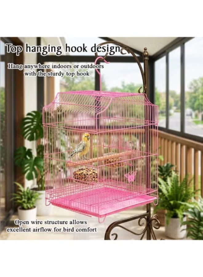 NNC PETS Hanging Bird Cage for Small Parrots, Budgies and Finches, 45 cm Metal Cage with Wooden Perches, Dual feeders, and Easy Clean Bottom Tray, Portable Bird Cage and Indoor-Outdoor use (Pink) - Image 4