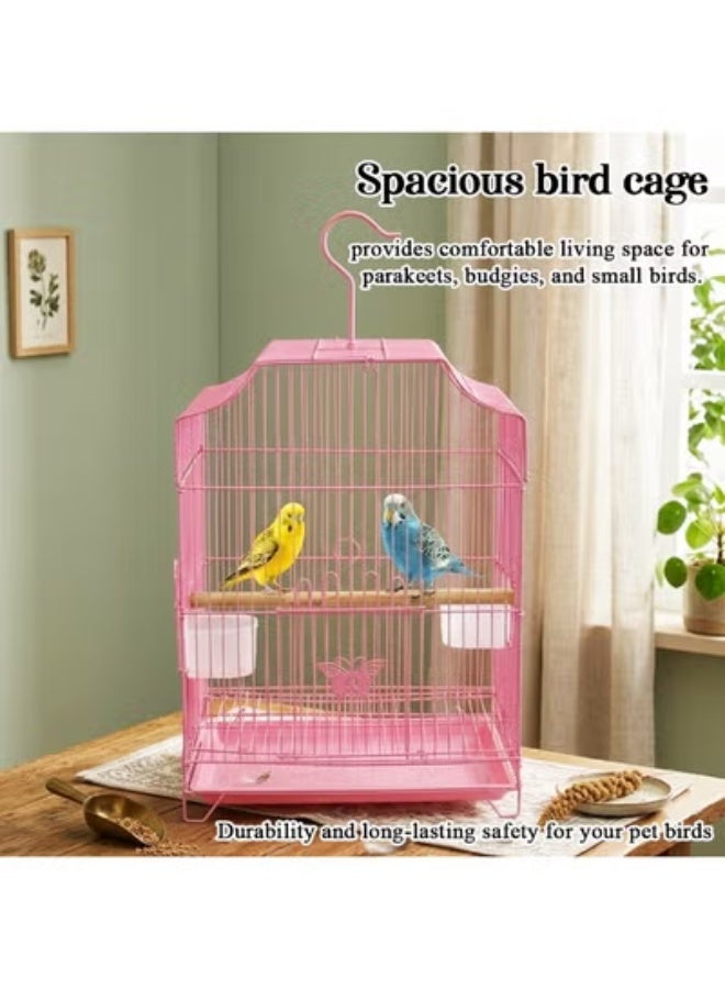 NNC PETS Hanging Bird Cage for Small Parrots, Budgies and Finches, 45 cm Metal Cage with Wooden Perches, Dual feeders, and Easy Clean Bottom Tray, Portable Bird Cage and Indoor-Outdoor use (Pink) - Image 3