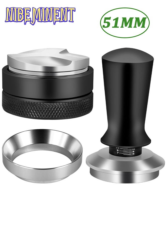 NIBEMINENT 51 mm Espresso Accessories Kit, 3 Pcs Espresso Tamper Tool, Spring Loaded Calibrated Tamper Coffee Distributor and Dosing Funnel Set, 304 Stainless steel material Adjustable Depth Fits Delonghi 51 mm Machines and Portafilter - Image 1