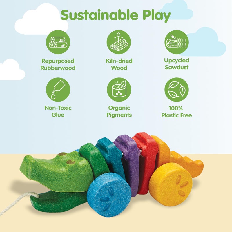 PlanToys® Rainbow Dancing Alligator Pull Toy for Toddlers | Eco-Friendly Wooden Toy with Click-Clack Sound | Walking Toy for Babies - Image 3